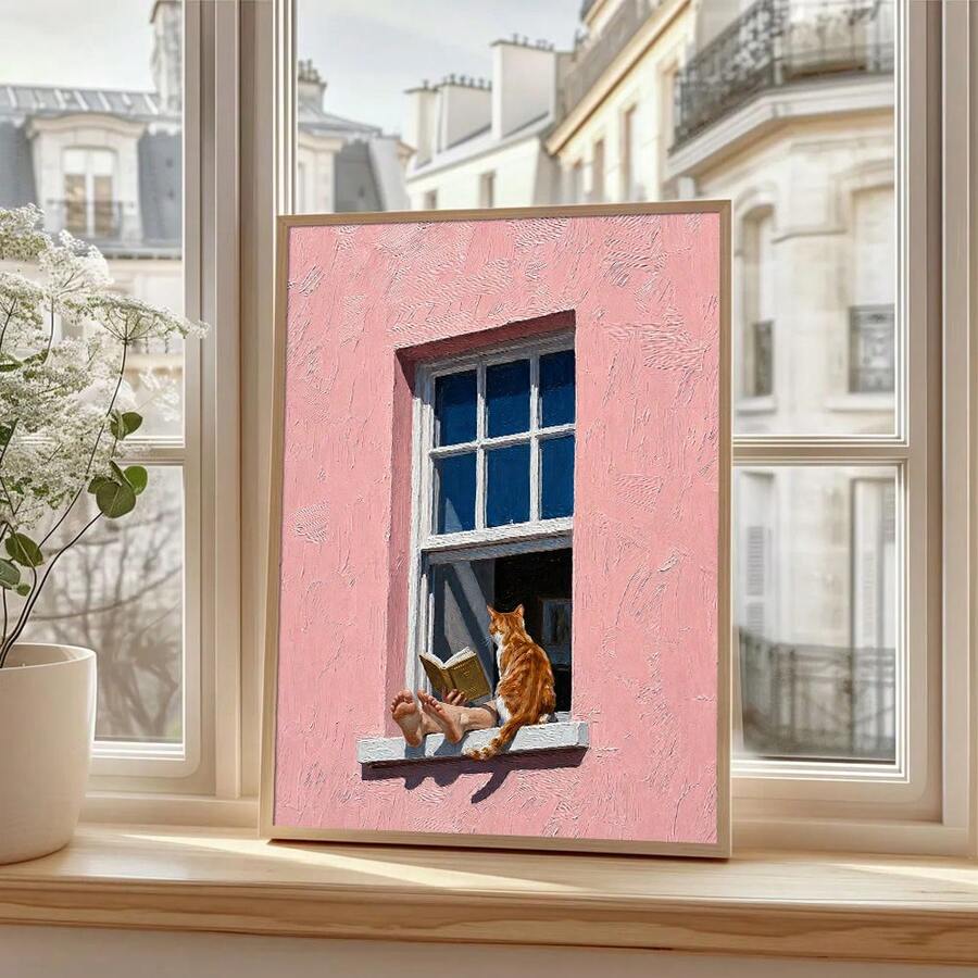 Minimalist figurative wall art for reading nook with cat and soft pastel colors
