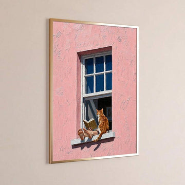 Cozy cat wall art with person reading by sunny window and orange cat on sill