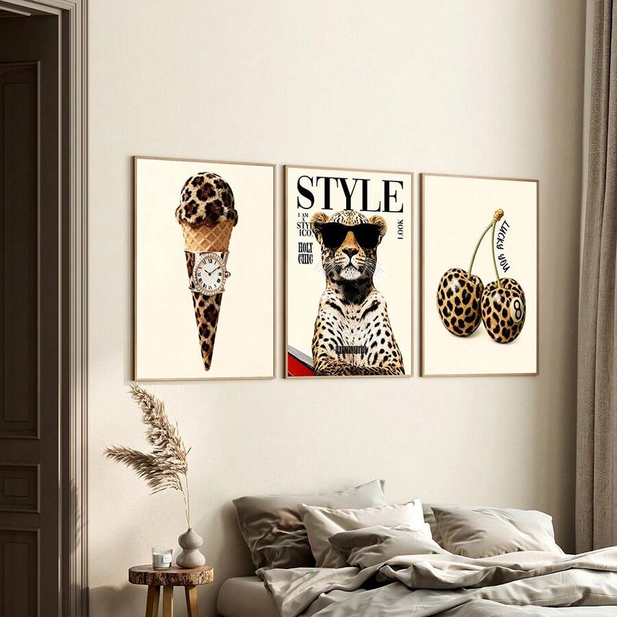 Leopard print ice cream and cherry wall art with cheetah sunglasses poster