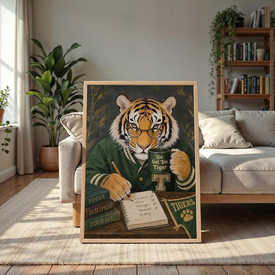 Go Get Em Tiger print floor leaning in living room with warm green collegiate artwork
