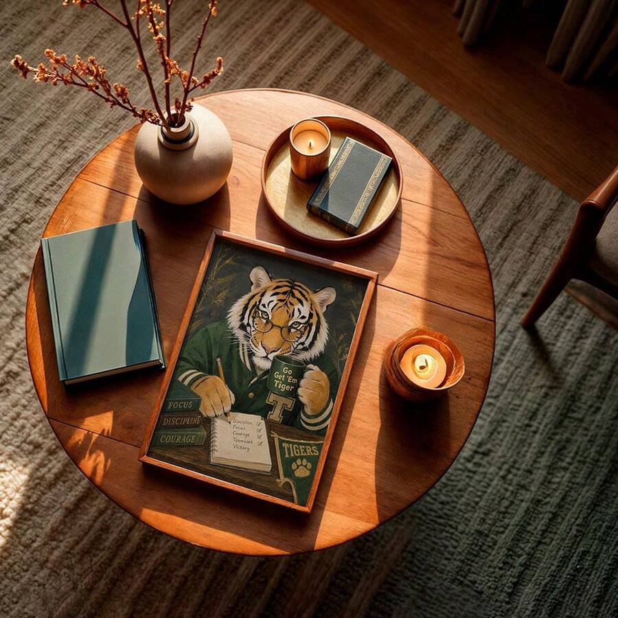 Green wall decor tabletop print with tiger scholar quote and cozy gift styling