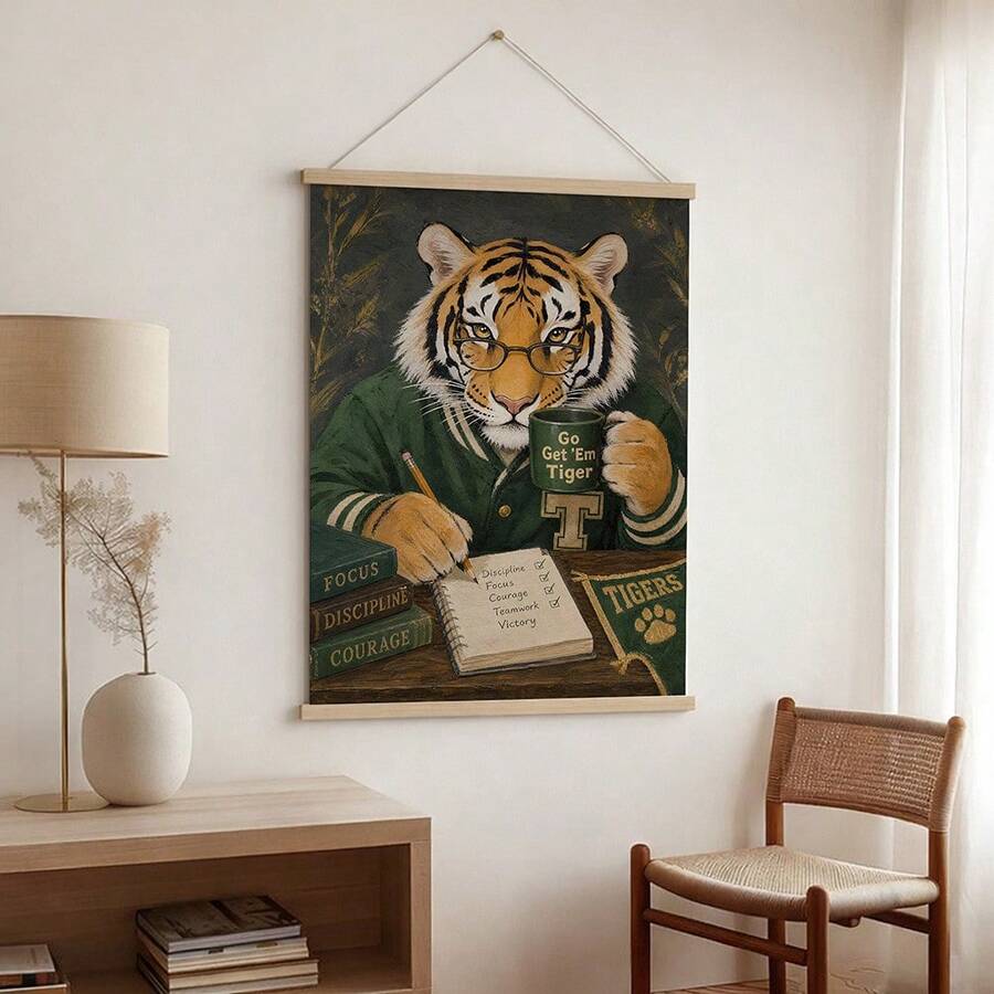 Motivational poster hanging above console with tiger scholar focus discipline courage text