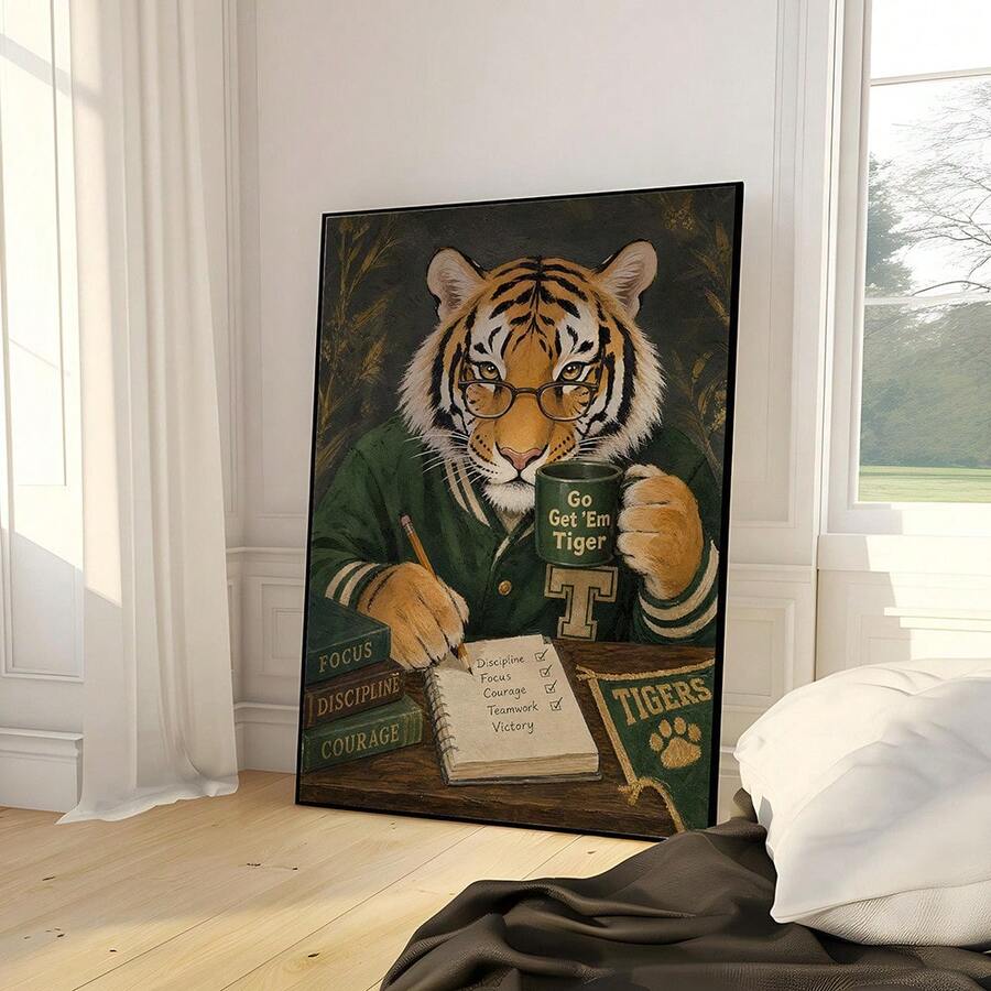 Vintage wall art in black frame bedroom mockup with tiger reading book and gold tones