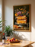 Framed food still life wall art with deep green black gold orange and purple tones