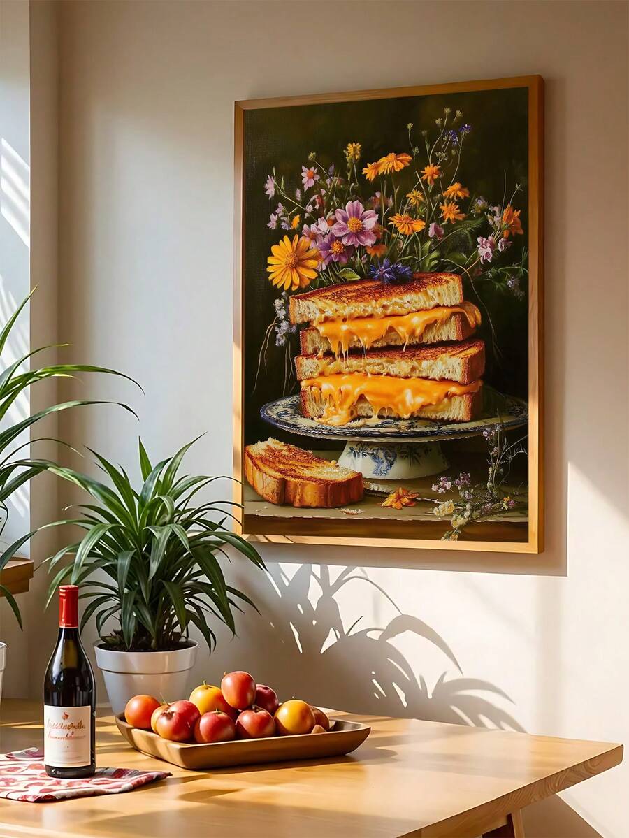 Framed food still life wall art with deep green black gold orange and purple tones