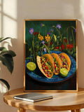 Kitchen poster showing tacos grilled cheese fried chicken and colorful floral food art