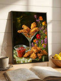 Fried chicken print with surreal food still life flowers and dark botanical background