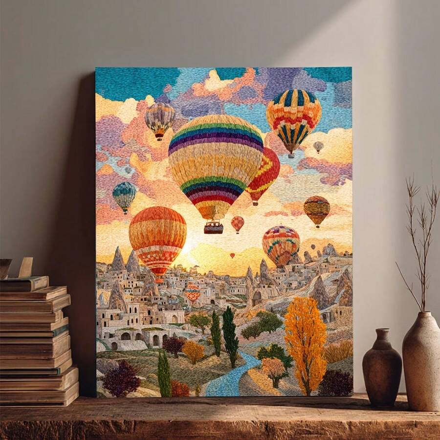 Cappadocia wall art lifestyle view with hot air balloons above colorful landscape