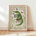 Crocodile wall art framed print with green accordion player birds reeds and floral border