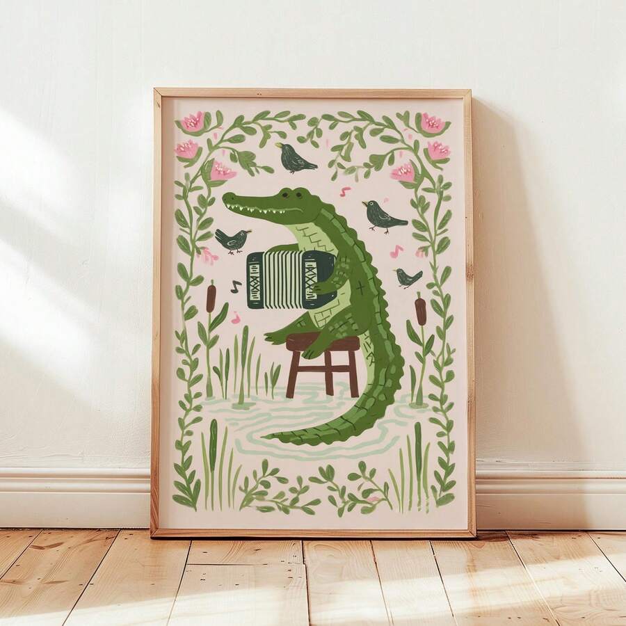 Crocodile wall art framed print with green accordion player birds reeds and floral border