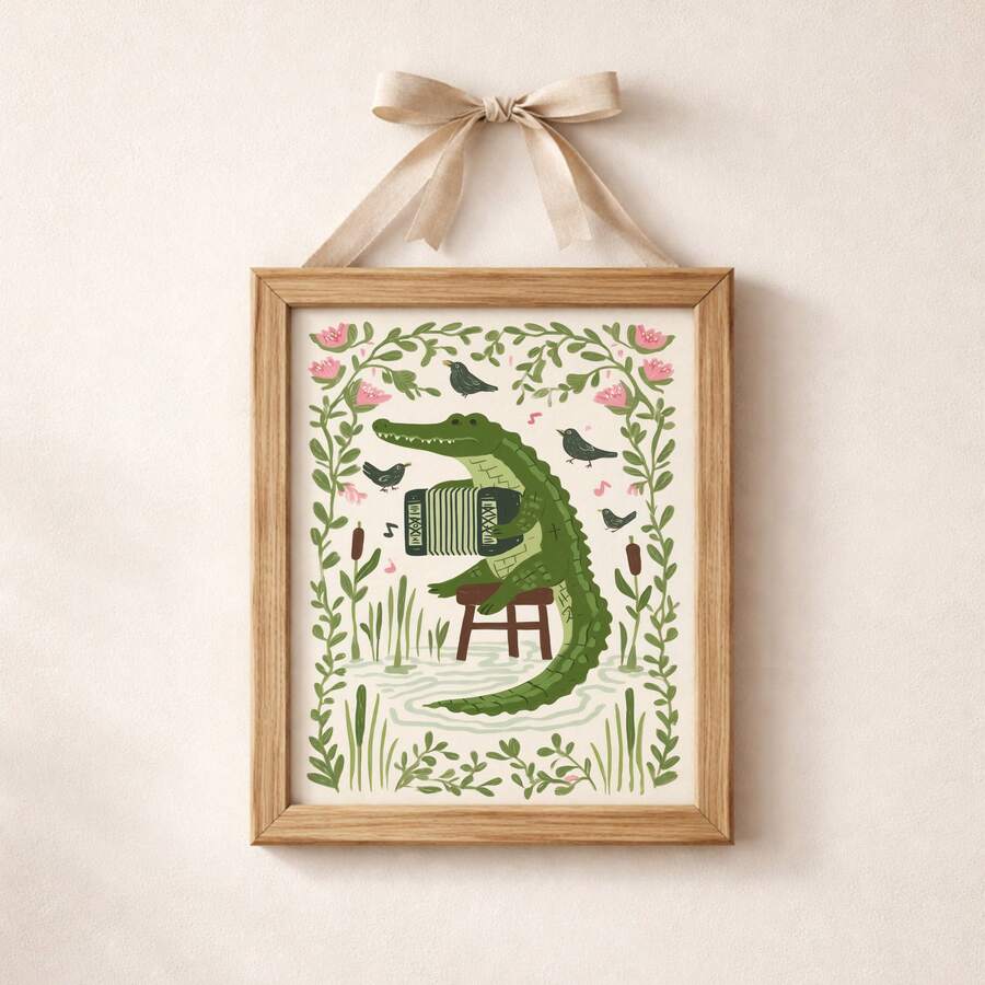 Framed crocodile poster hanging with ribbon detail and playful cottagecore animal art