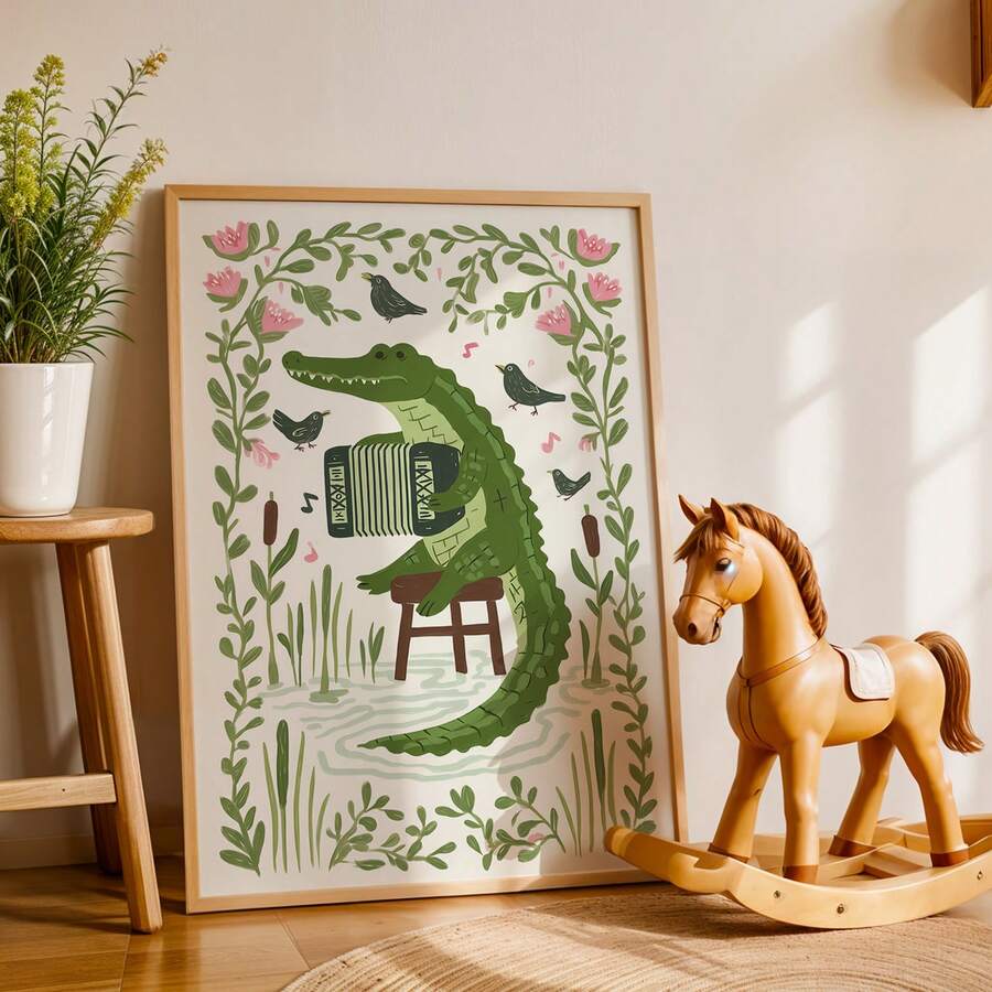 Nursery wall art with crocodile accordion musician styled near rocking horse and kids decor