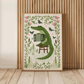 Alligator print on wood slat backdrop with whimsical folk art music notes and sage tones
