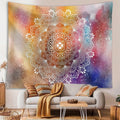 Close view of blue mandala tapestry fabric and pattern