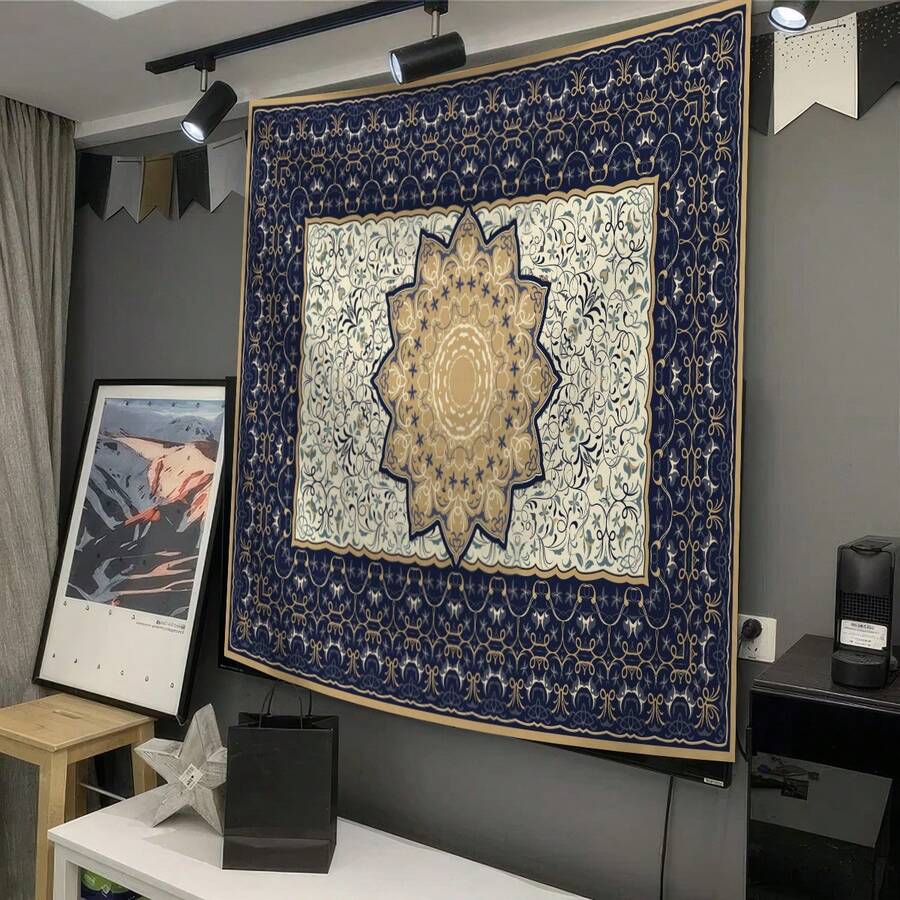 Orange red teal floral mandala tapestry on dark blue background behind bed
