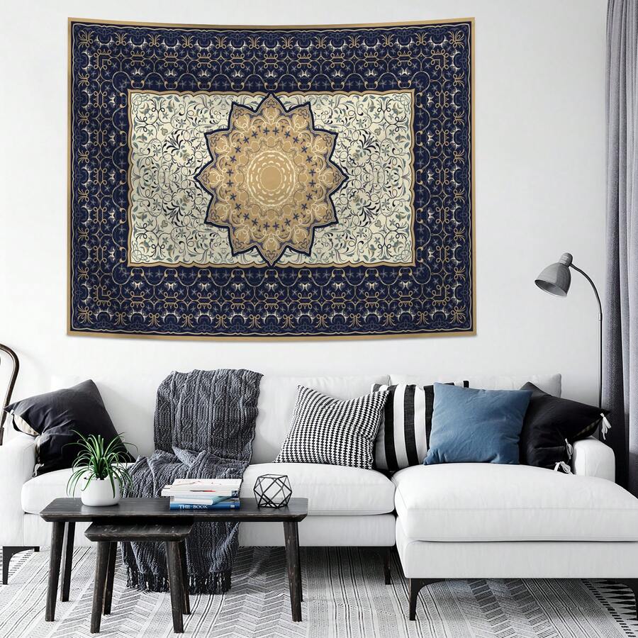 Navy cream gold floral mandala tapestry with ornate central medallion above sofa
