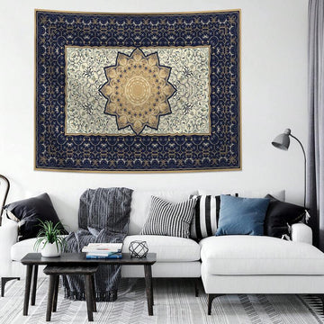 Navy cream gold floral mandala tapestry with ornate central medallion above sofa
