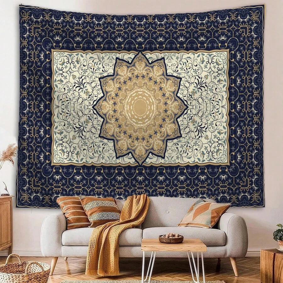 Navy cream gold floral mandala tapestry with ornate central medallion above sofa