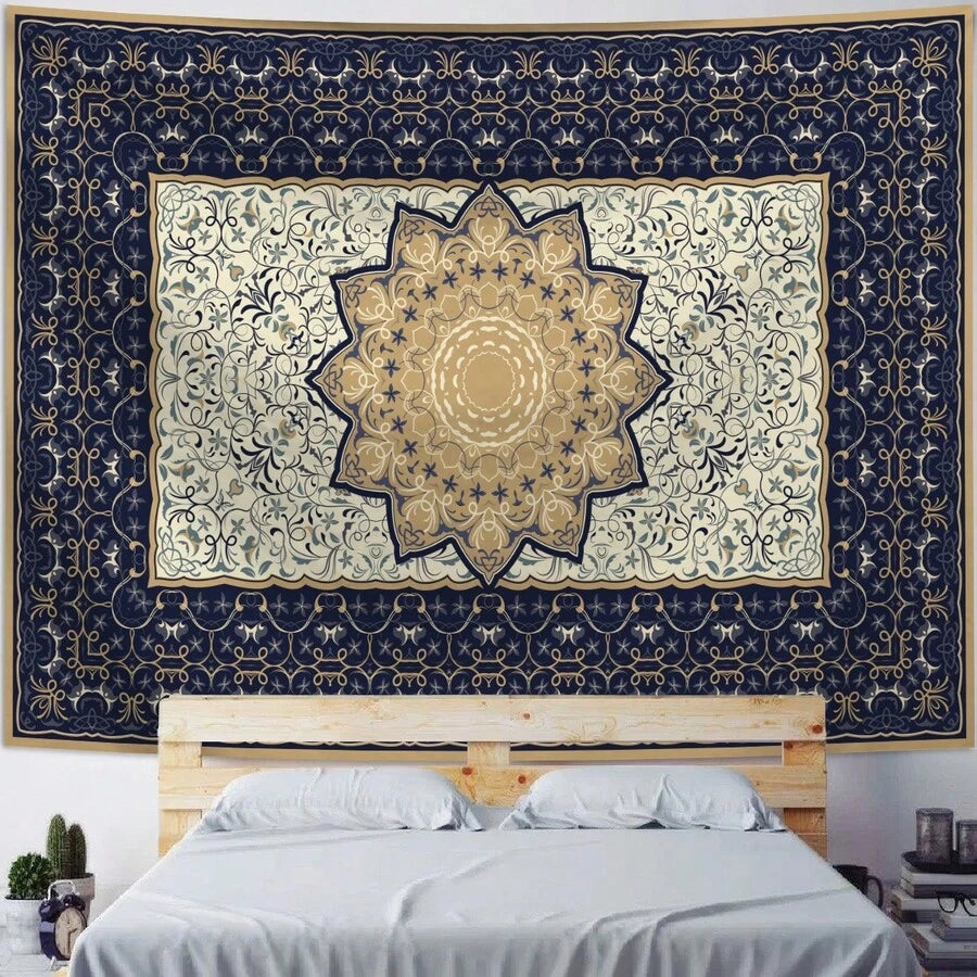 Boho floral mandala wall hanging styled behind black lounge seating