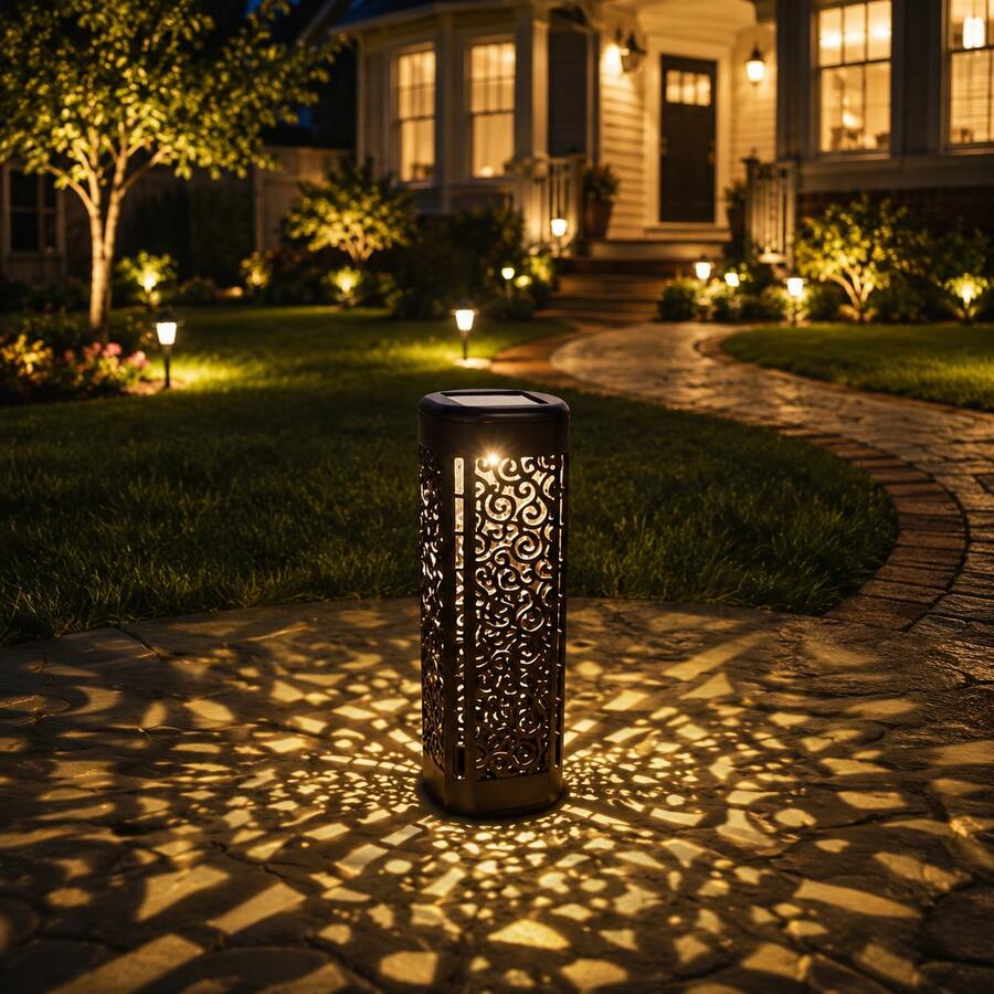 Projection lights product graphic showing solar powered IP44 waterproof and dusk to dawn features