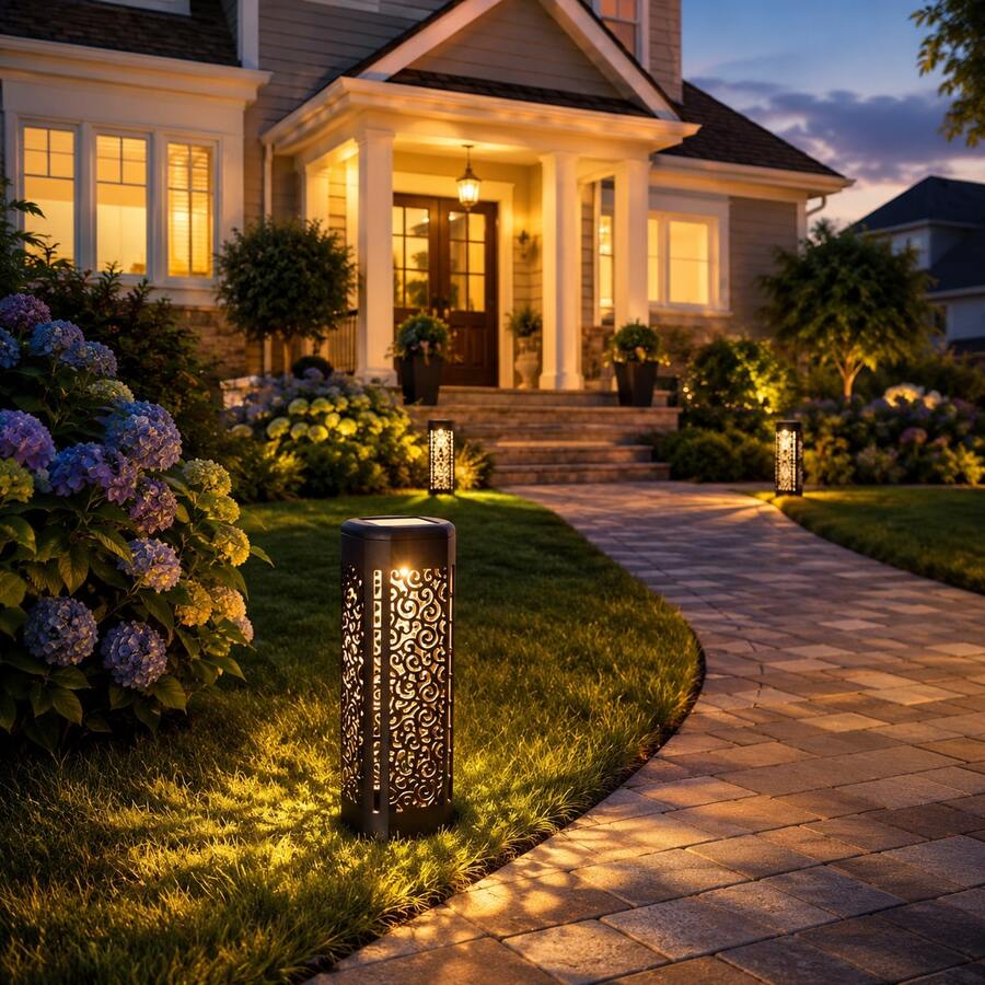 Waterproof landscape lights close-up showing cylindrical cutout shade and solar top