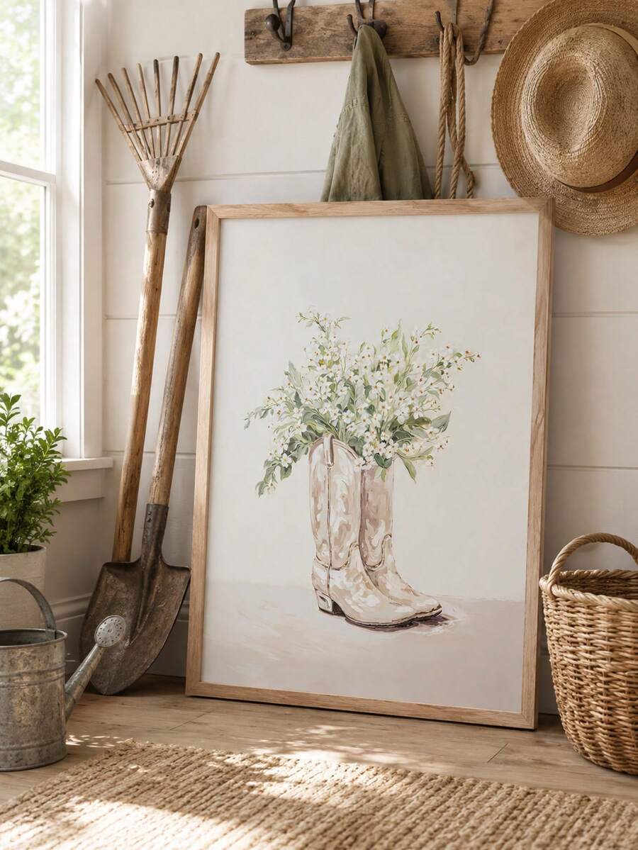 Rustic floral cowboy poster styled in an entryway