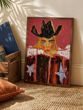 Cowgirl wall art with boots hat drinks and dog for lounge bedroom office or martini bar decor