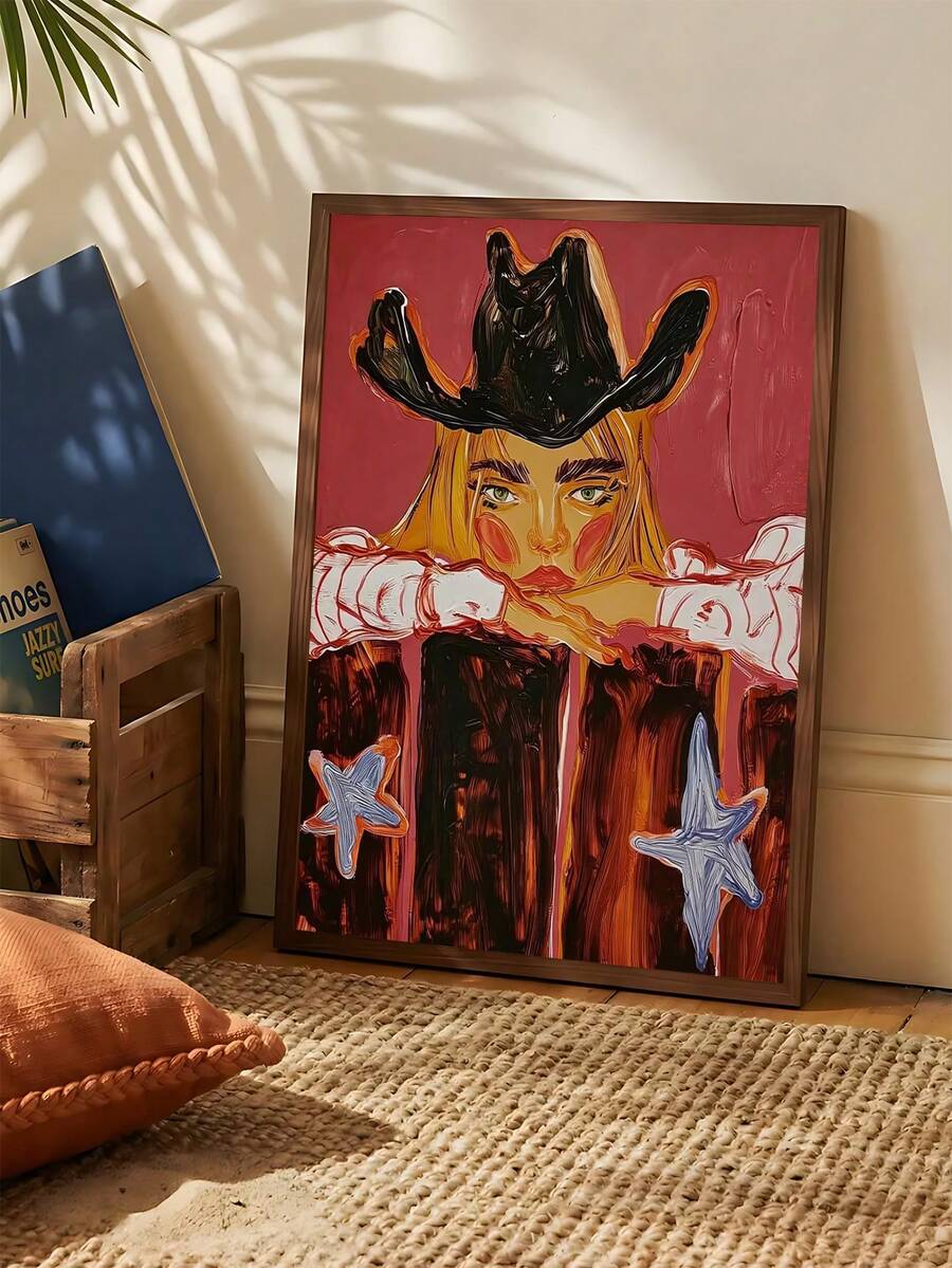Cowgirl wall art with boots hat drinks and dog for lounge bedroom office or martini bar decor