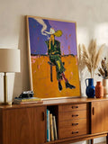 Statement wall art for modern ranch interiors featuring bold cowgirl fashion and painterly texture