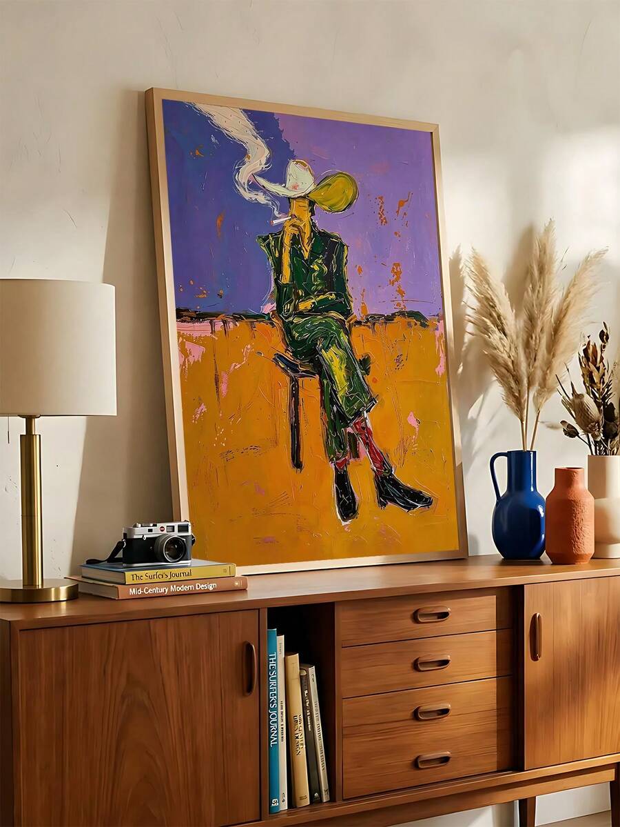 Statement wall art for modern ranch interiors featuring bold cowgirl fashion and painterly texture