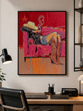 Colorful abstract western poster with hot pink coral blue purple mustard and black figure art