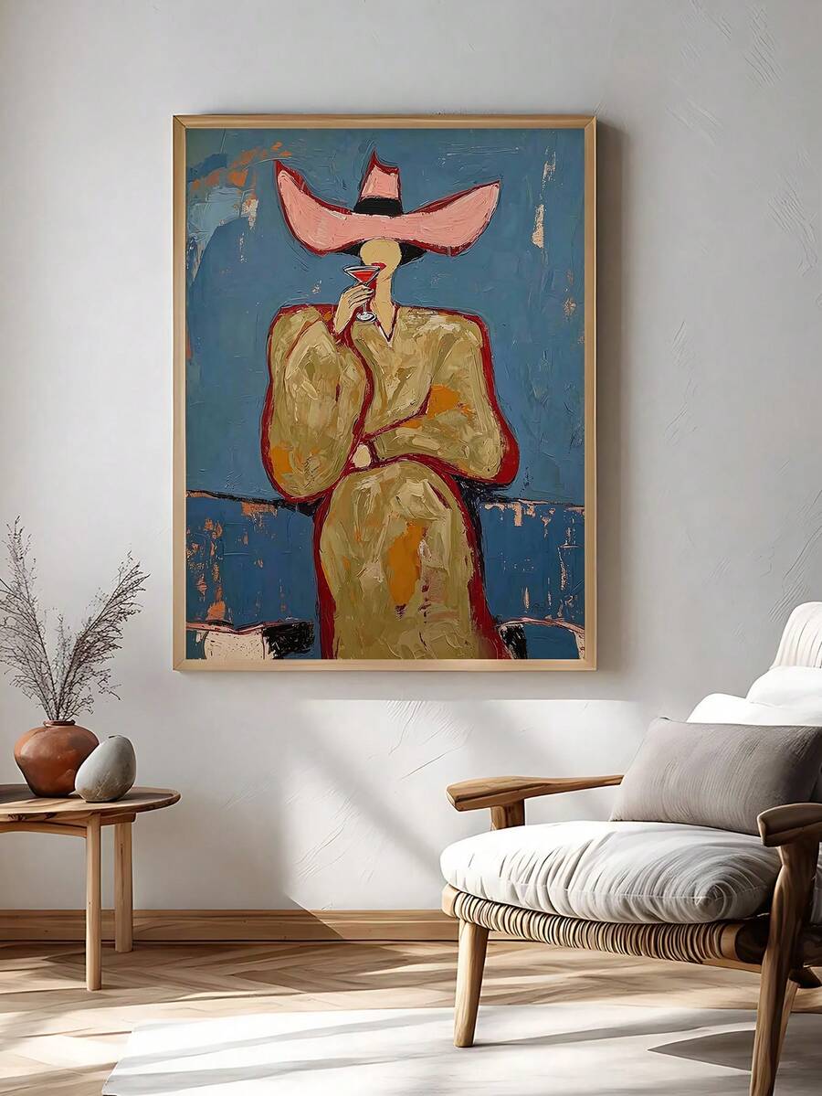 Modern ranch decor canvas poster with cowgirl figure dog martini bar mood and colorful brushstrokes