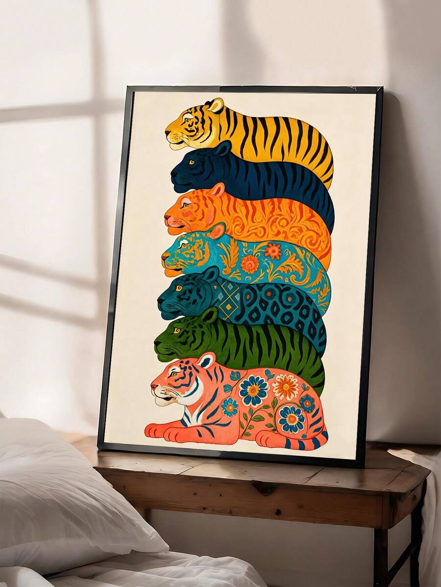 Colorful tiger wall art with stacked striped tigers