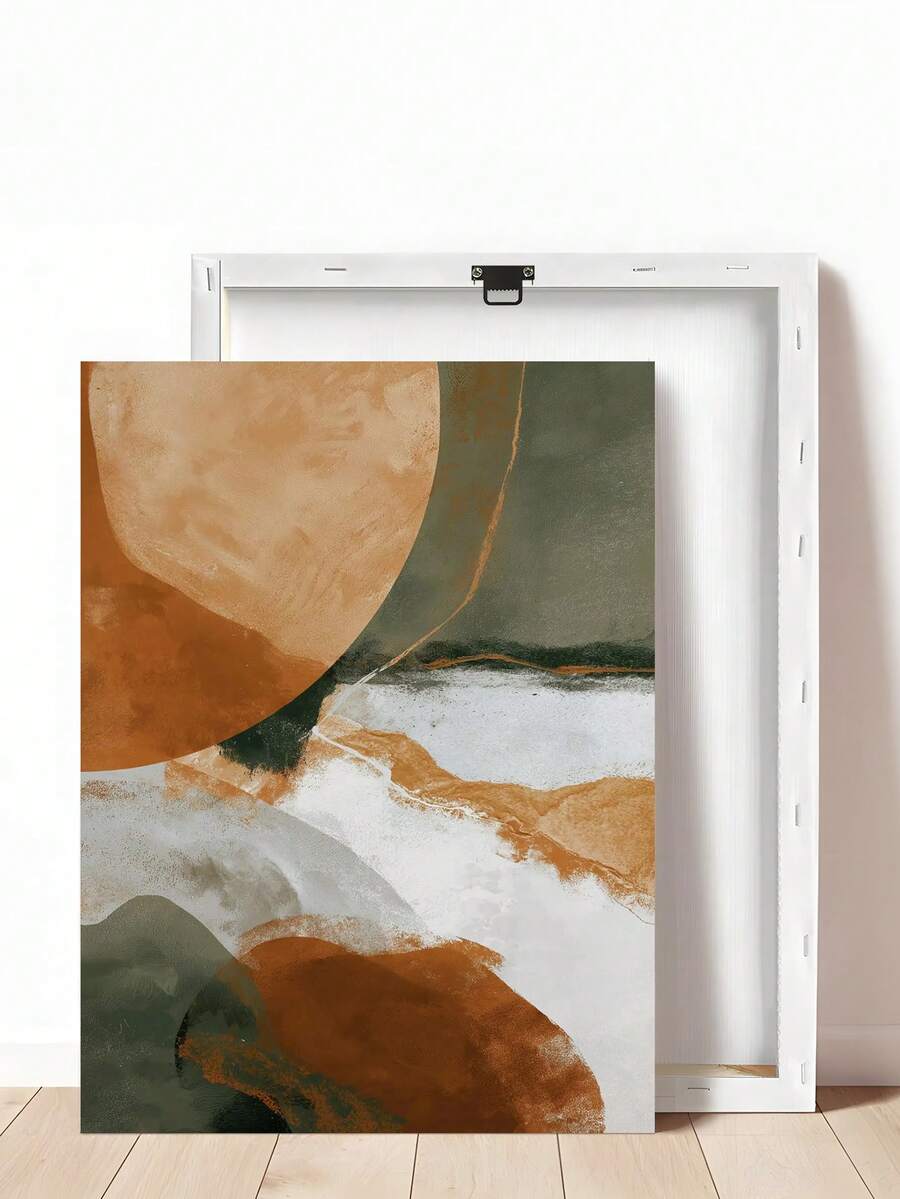 Back view of stretched abstract Japandi canvas with white canvas and hanging hardware