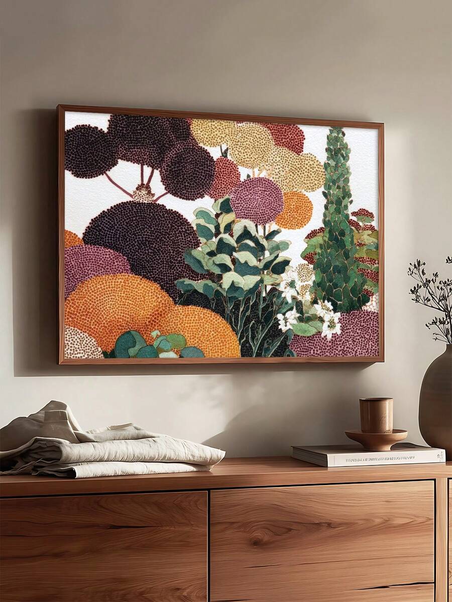 Burgundy and green botanical canvas displayed in a bedroom setting