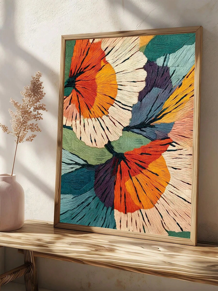 Vibrant mid-century botanical canvas leaning on a console table