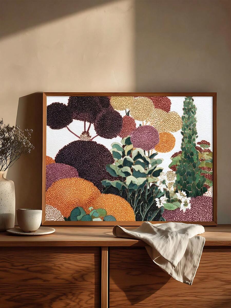 Dotted botanical garden wall art above a styled wooden sideboard