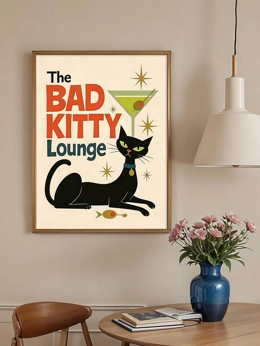 Black cat wall art for home bar kitchen dining room lounge or cocktail corner decor