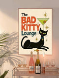 Atomic cat print with bold typography and black cat cocktail decor theme