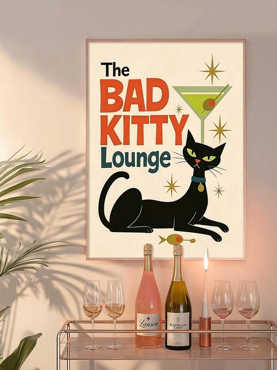Atomic cat print with bold typography and black cat cocktail decor theme
