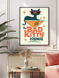 Retro bar poster featuring playful cat illustration martini glass and vintage lounge style