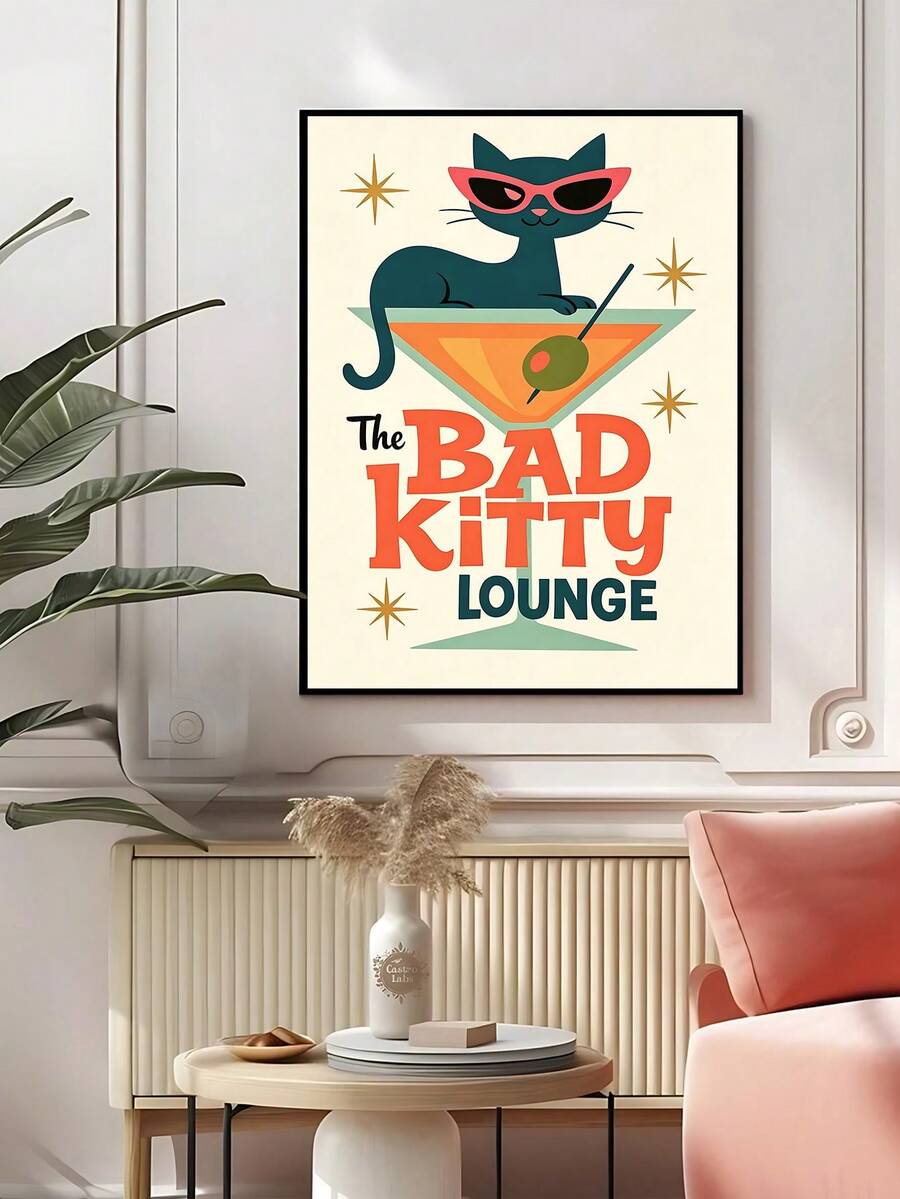 Retro bar poster featuring playful cat illustration martini glass and vintage lounge style