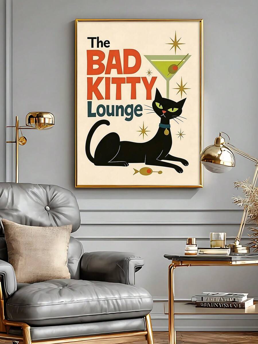 Mid century cat art with atomic stars cream background teal orange red and gold accents