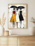 Three women under black umbrellas in a wood-framed vertical fashion print above a sideboard