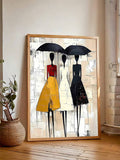 Three stylized women beneath black umbrellas in red yellow white and black dresses in a wood frame