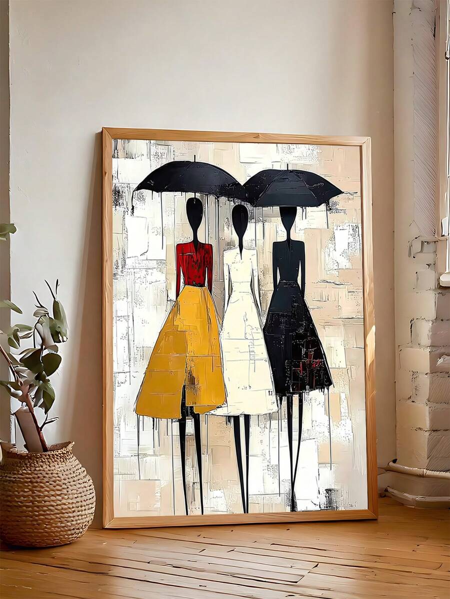 Three stylized women beneath black umbrellas in red yellow white and black dresses in a wood frame
