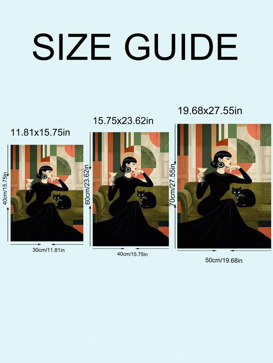 Size guide for retro woman and cat canvas art in 30 by 40, 40 by 60, and 50 by 70 cm