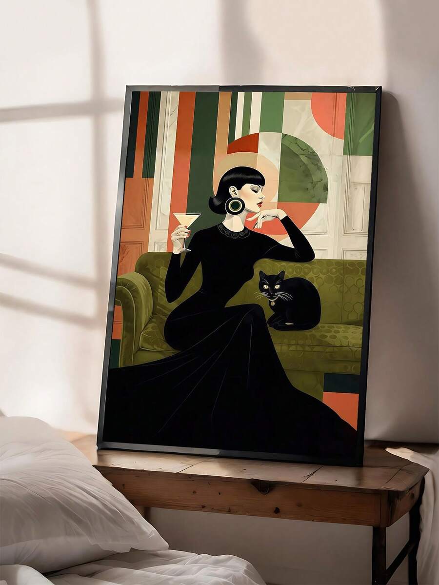 Cocktail-holding woman beside a black cat and green sofa in a black-framed geometric bedroom display