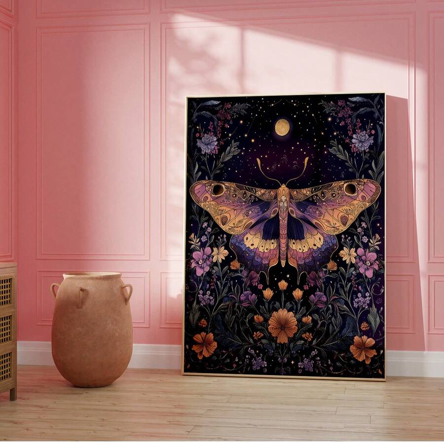 Framed mystical moth celestial canvas poster in elegant cream room