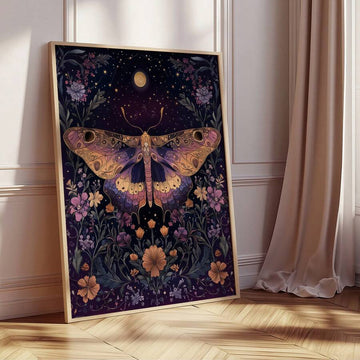 Framed mystical moth celestial canvas poster in elegant cream room
